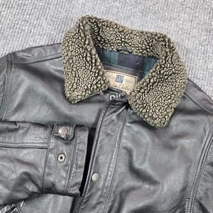 Vintage Gap Leather Jacket Mens Medium Black Lined Fur Collar Full Zip Coat‎